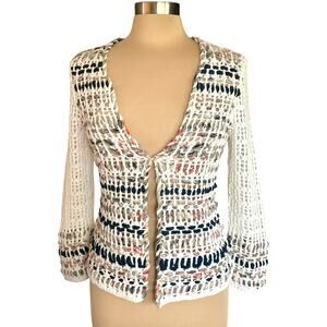 Zozo Crochet Cream Cardigan SMALL Linen Blend Beachy Coastal Boho Grannycore